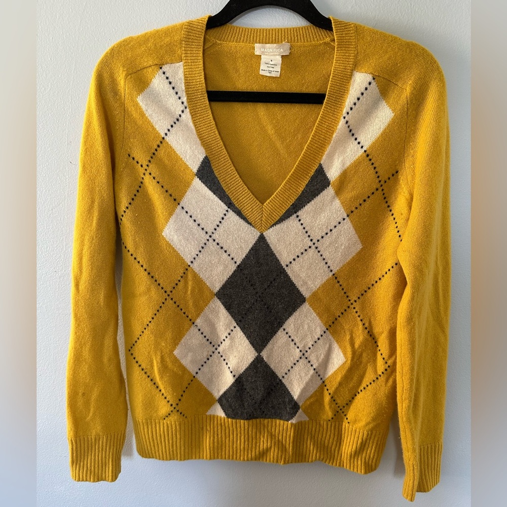 J. Crew Cashmere Mustard Argyle V-Neck Sweater